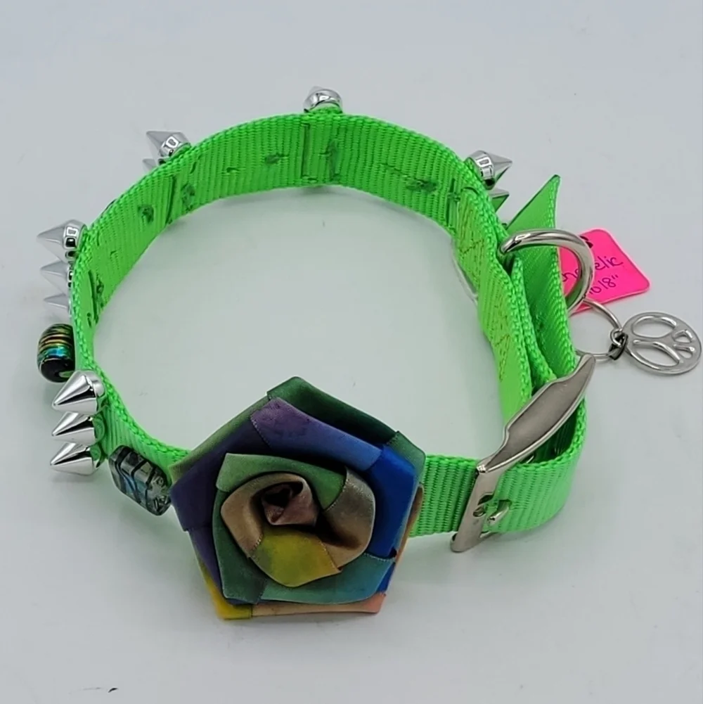 Dog Collar PSYCHEDELIC Neon Green Flower Bow Gems And Stones